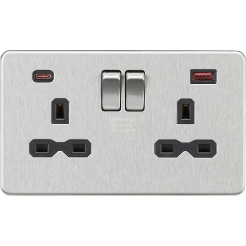 KnightsBridge 13A 2G DP Screwless Switched Socket with Dual USB A+C - Brushed Chrome, Black Insert